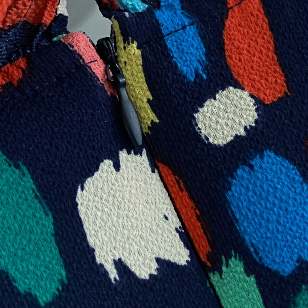 Maggy London Colorful Print Midi Dress 6 Ruched Ruffle V Neck Artsy Cocktail - Picture 13 of 15